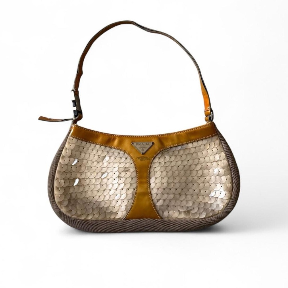 Prada Beige Sequin Shoulder Bag with Tan Trim